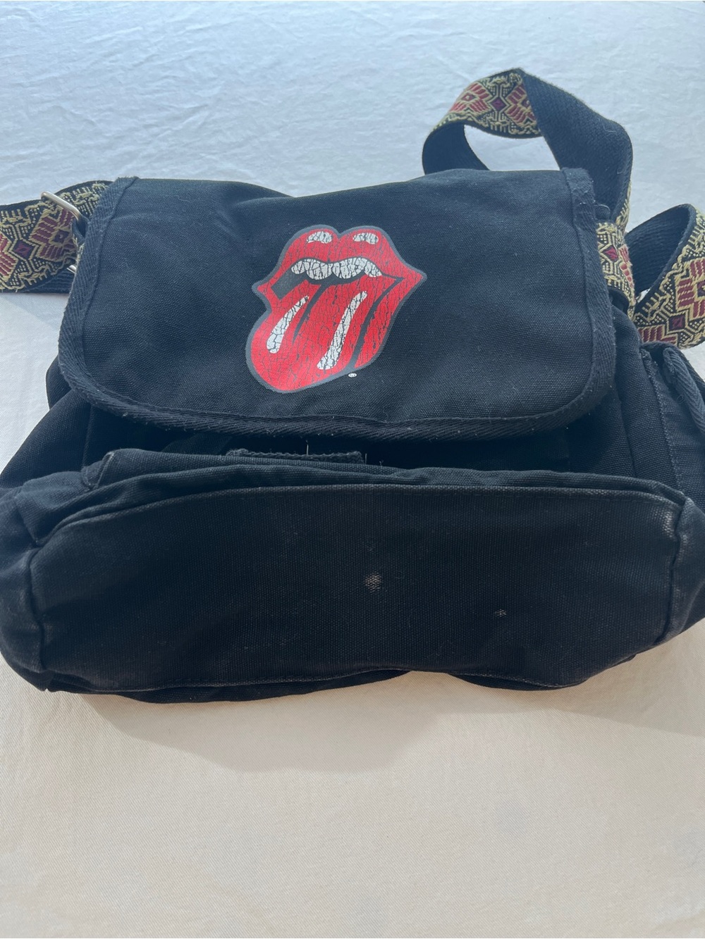 Vintage Rolling Stones Black Messenger Bag with boho printed guitar strap